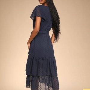 Navy Blue Swiss Dot Ruffled Faux Wrap Midi Dress